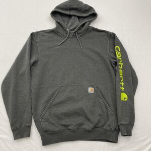 Carhartt Hoodie Mens Small Gray Loose Fit Pullover Neon Logo Sleeve Workwear